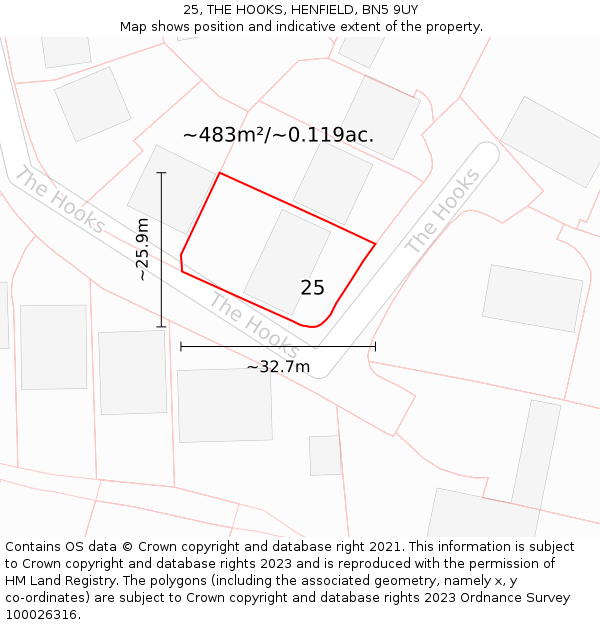 25, THE HOOKS, HENFIELD, BN5 9UY: Plot and title map