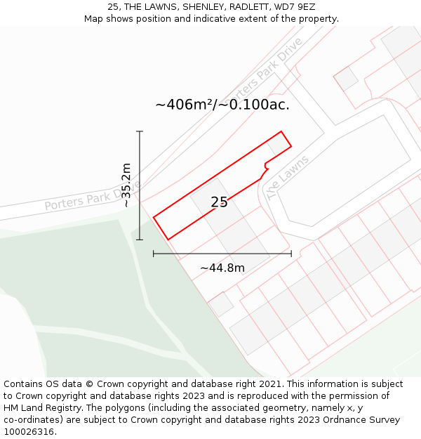 25, THE LAWNS, SHENLEY, RADLETT, WD7 9EZ: Plot and title map