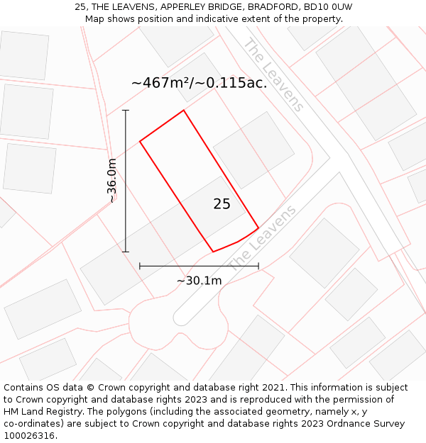 25, THE LEAVENS, APPERLEY BRIDGE, BRADFORD, BD10 0UW: Plot and title map