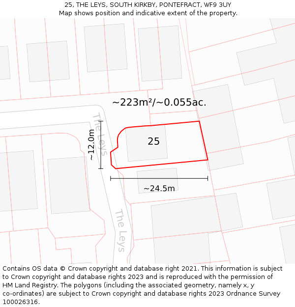 25, THE LEYS, SOUTH KIRKBY, PONTEFRACT, WF9 3UY: Plot and title map