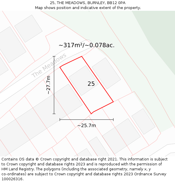 25, THE MEADOWS, BURNLEY, BB12 0PA: Plot and title map