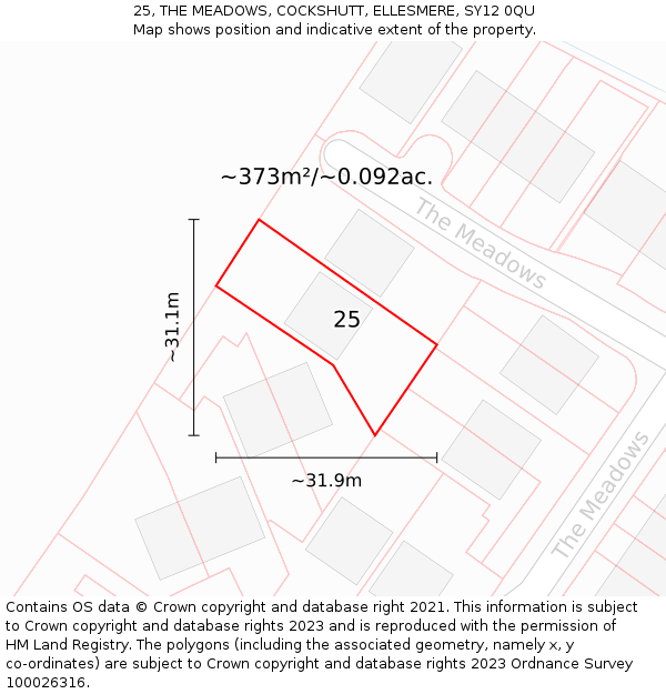 25, THE MEADOWS, COCKSHUTT, ELLESMERE, SY12 0QU: Plot and title map