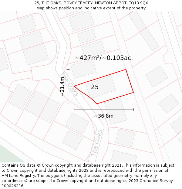 25, THE OAKS, BOVEY TRACEY, NEWTON ABBOT, TQ13 9QX: Plot and title map