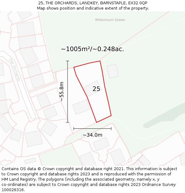 25, THE ORCHARDS, LANDKEY, BARNSTAPLE, EX32 0QP: Plot and title map