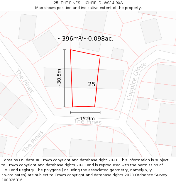 25, THE PINES, LICHFIELD, WS14 9XA: Plot and title map