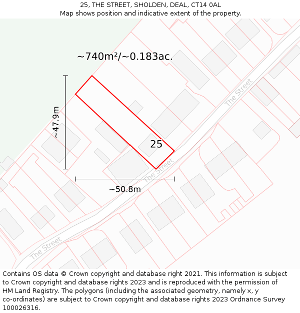 25, THE STREET, SHOLDEN, DEAL, CT14 0AL: Plot and title map