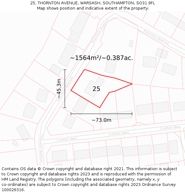 25, THORNTON AVENUE, WARSASH, SOUTHAMPTON, SO31 9FL: Plot and title map