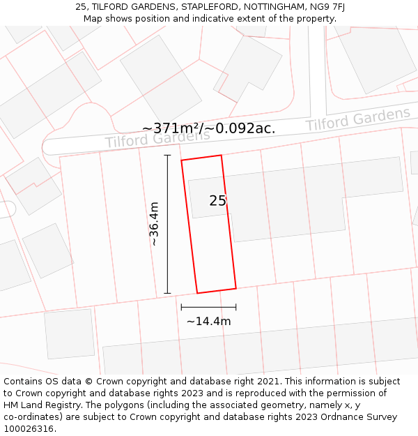 25, TILFORD GARDENS, STAPLEFORD, NOTTINGHAM, NG9 7FJ: Plot and title map
