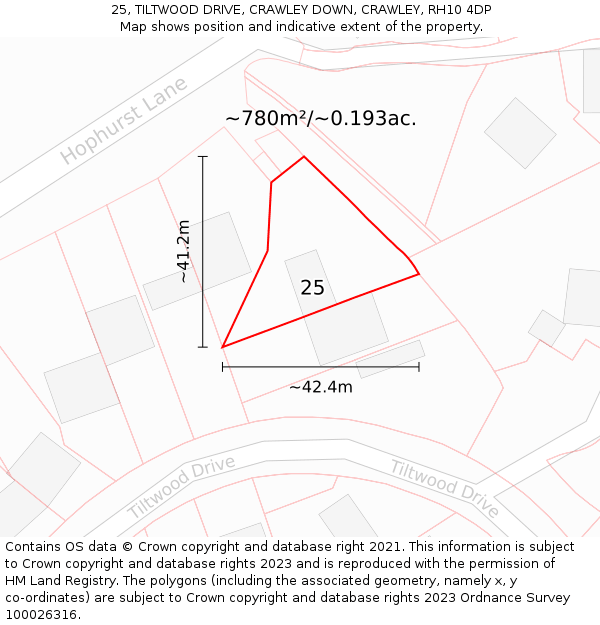 25, TILTWOOD DRIVE, CRAWLEY DOWN, CRAWLEY, RH10 4DP: Plot and title map