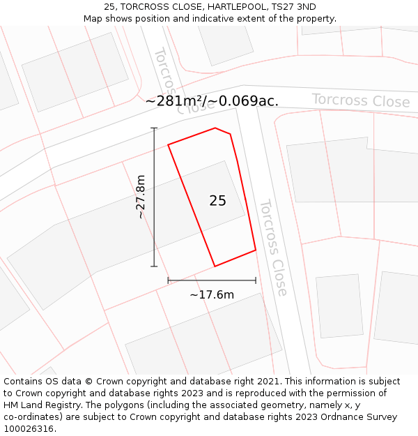 25, TORCROSS CLOSE, HARTLEPOOL, TS27 3ND: Plot and title map