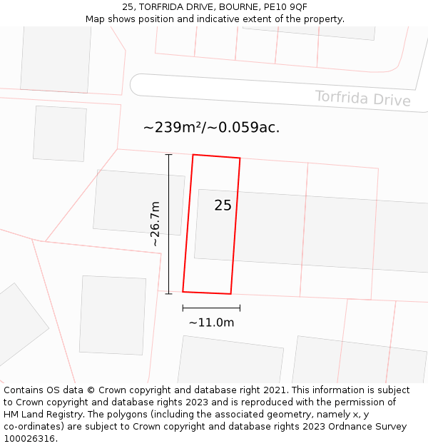 25, TORFRIDA DRIVE, BOURNE, PE10 9QF: Plot and title map