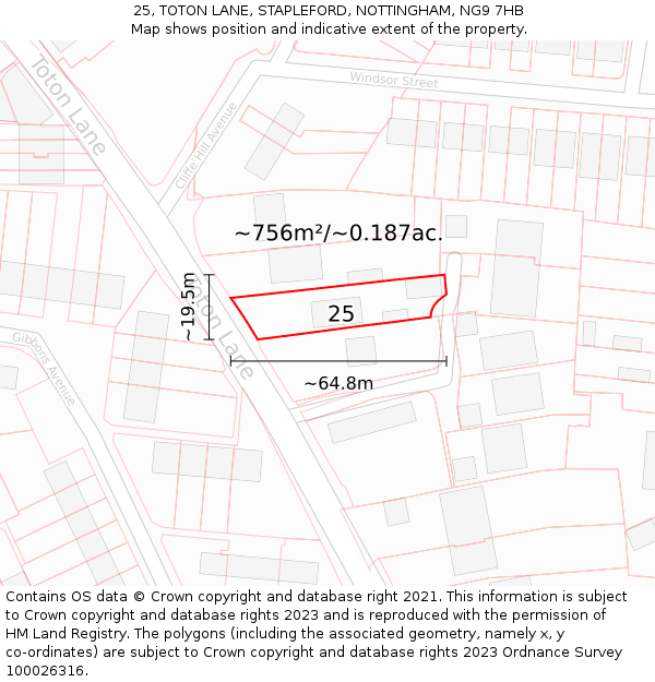 25, TOTON LANE, STAPLEFORD, NOTTINGHAM, NG9 7HB: Plot and title map