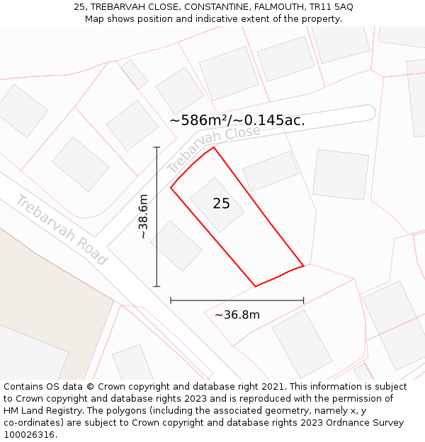 25, TREBARVAH CLOSE, CONSTANTINE, FALMOUTH, TR11 5AQ: Plot and title map