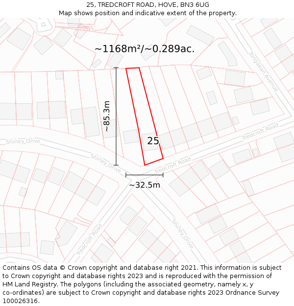 25, TREDCROFT ROAD, HOVE, BN3 6UG: Plot and title map