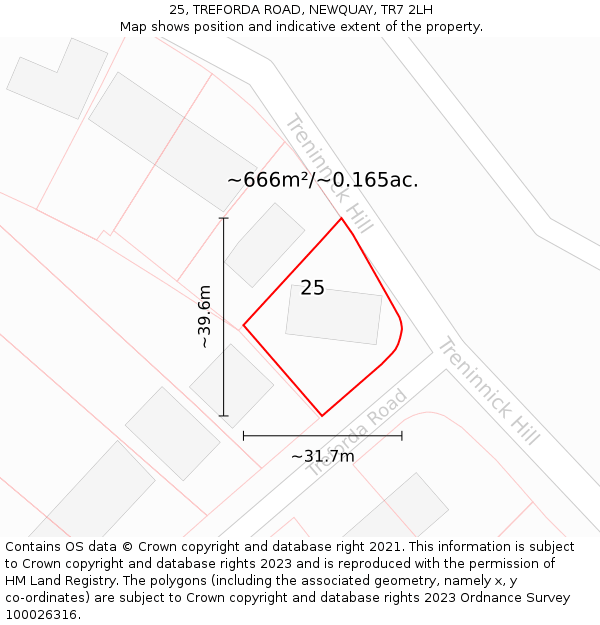 25, TREFORDA ROAD, NEWQUAY, TR7 2LH: Plot and title map