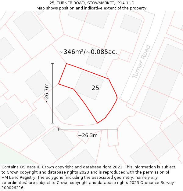 25, TURNER ROAD, STOWMARKET, IP14 1UD: Plot and title map