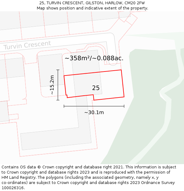 25, TURVIN CRESCENT, GILSTON, HARLOW, CM20 2FW: Plot and title map