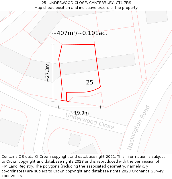 25, UNDERWOOD CLOSE, CANTERBURY, CT4 7BS: Plot and title map