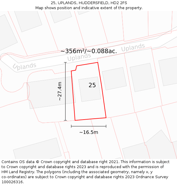 25, UPLANDS, HUDDERSFIELD, HD2 2FS: Plot and title map
