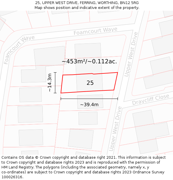 25, UPPER WEST DRIVE, FERRING, WORTHING, BN12 5RG: Plot and title map