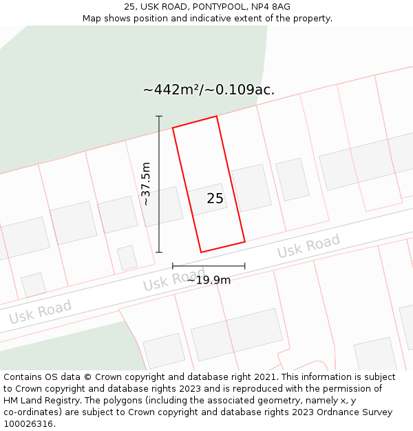 25, USK ROAD, PONTYPOOL, NP4 8AG: Plot and title map