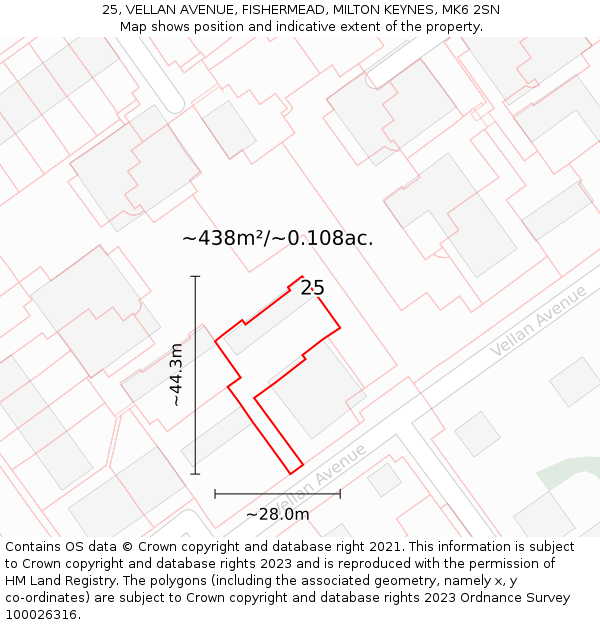 25, VELLAN AVENUE, FISHERMEAD, MILTON KEYNES, MK6 2SN: Plot and title map