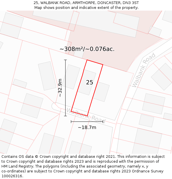 25, WALBANK ROAD, ARMTHORPE, DONCASTER, DN3 3ST: Plot and title map