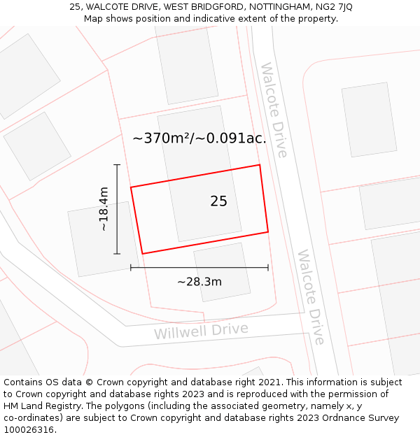 25, WALCOTE DRIVE, WEST BRIDGFORD, NOTTINGHAM, NG2 7JQ: Plot and title map