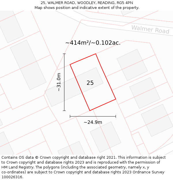 25, WALMER ROAD, WOODLEY, READING, RG5 4PN: Plot and title map