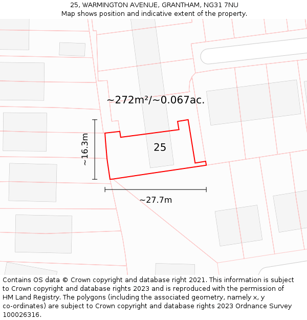 25, WARMINGTON AVENUE, GRANTHAM, NG31 7NU: Plot and title map