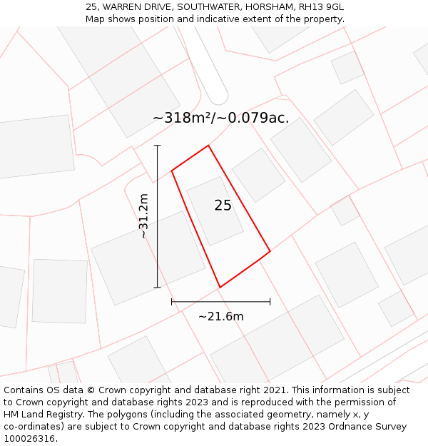 25, WARREN DRIVE, SOUTHWATER, HORSHAM, RH13 9GL: Plot and title map