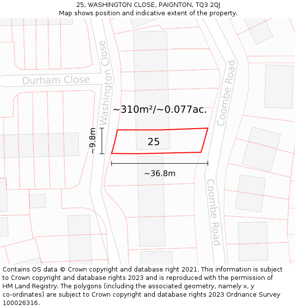 25, WASHINGTON CLOSE, PAIGNTON, TQ3 2QJ: Plot and title map