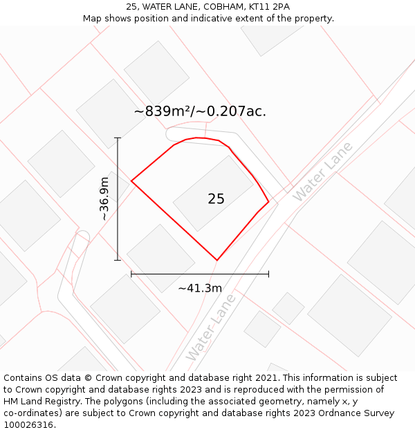 25, WATER LANE, COBHAM, KT11 2PA: Plot and title map