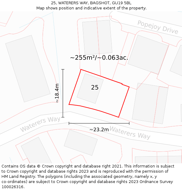 25, WATERERS WAY, BAGSHOT, GU19 5BL: Plot and title map