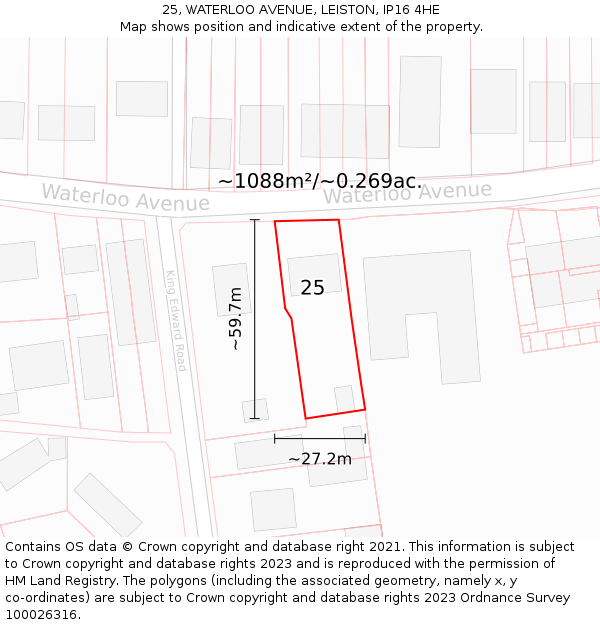 25, WATERLOO AVENUE, LEISTON, IP16 4HE: Plot and title map