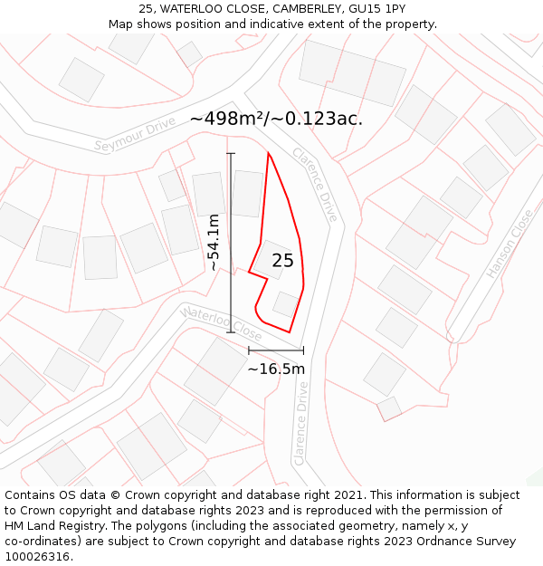 25, WATERLOO CLOSE, CAMBERLEY, GU15 1PY: Plot and title map