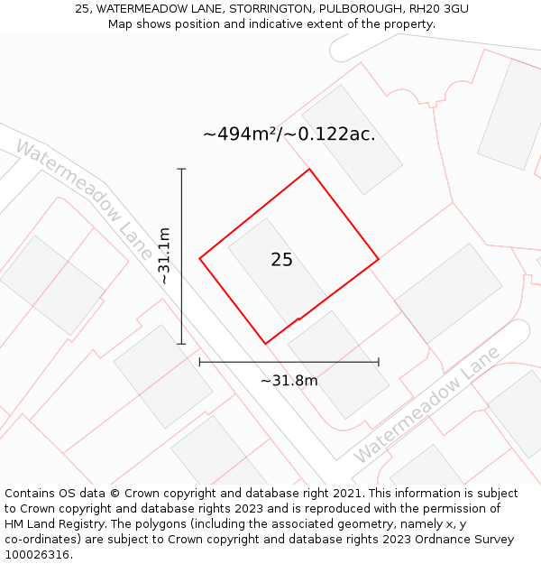 25, WATERMEADOW LANE, STORRINGTON, PULBOROUGH, RH20 3GU: Plot and title map