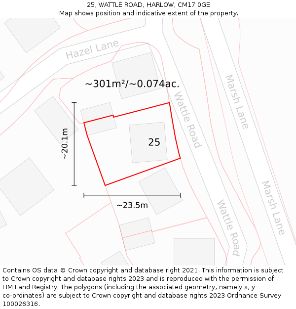 25, WATTLE ROAD, HARLOW, CM17 0GE: Plot and title map