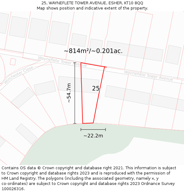 25, WAYNEFLETE TOWER AVENUE, ESHER, KT10 8QQ: Plot and title map