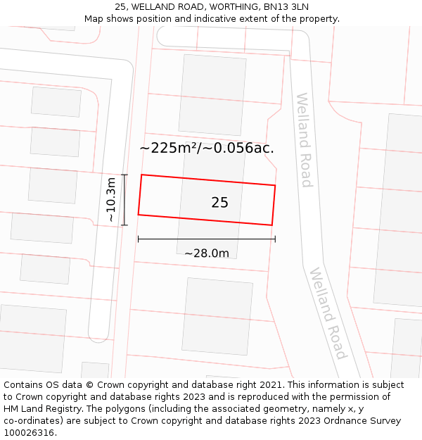 25, WELLAND ROAD, WORTHING, BN13 3LN: Plot and title map