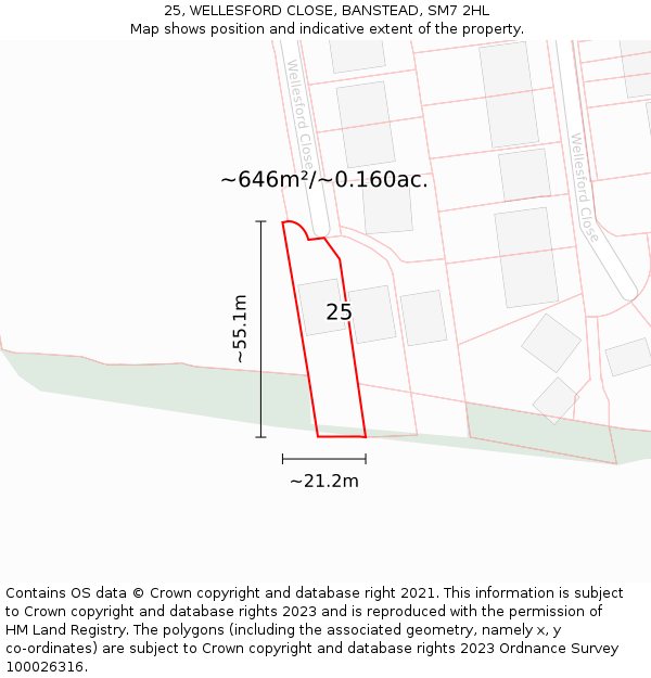 25, WELLESFORD CLOSE, BANSTEAD, SM7 2HL: Plot and title map
