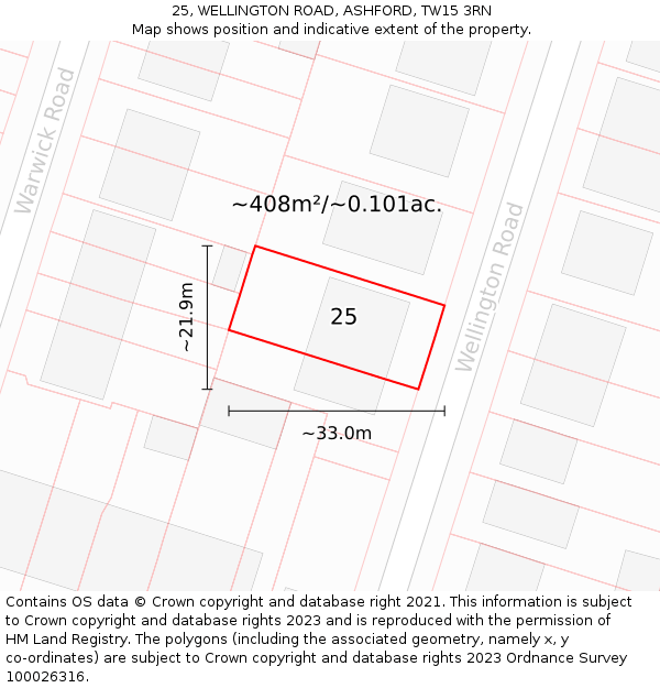 25, WELLINGTON ROAD, ASHFORD, TW15 3RN: Plot and title map