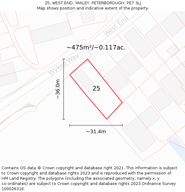 25, WEST END, YAXLEY, PETERBOROUGH, PE7 3LJ: Plot and title map