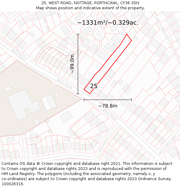 25, WEST ROAD, NOTTAGE, PORTHCAWL, CF36 3SN: Plot and title map