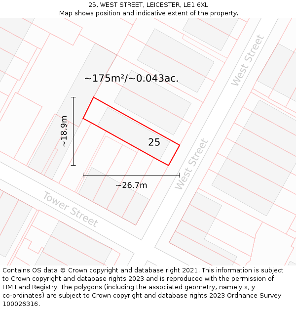 25, WEST STREET, LEICESTER, LE1 6XL: Plot and title map