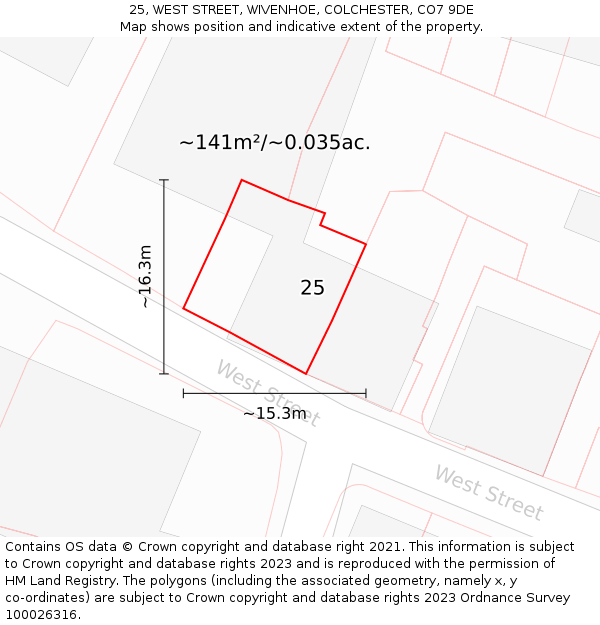 25, WEST STREET, WIVENHOE, COLCHESTER, CO7 9DE: Plot and title map