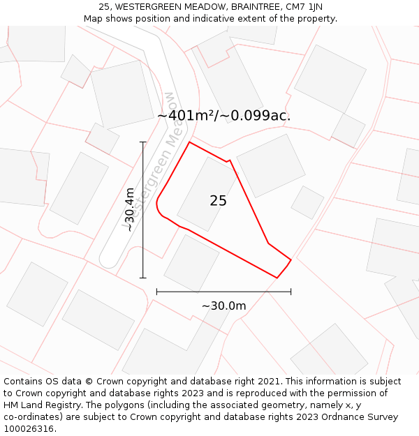 25, WESTERGREEN MEADOW, BRAINTREE, CM7 1JN: Plot and title map