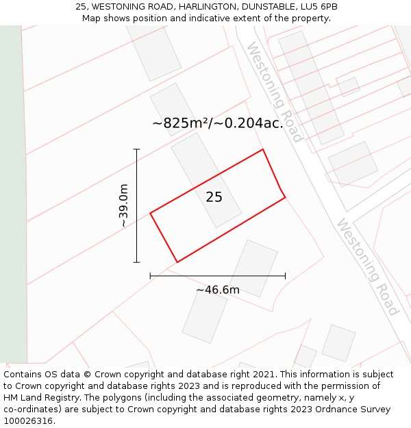 25, WESTONING ROAD, HARLINGTON, DUNSTABLE, LU5 6PB: Plot and title map