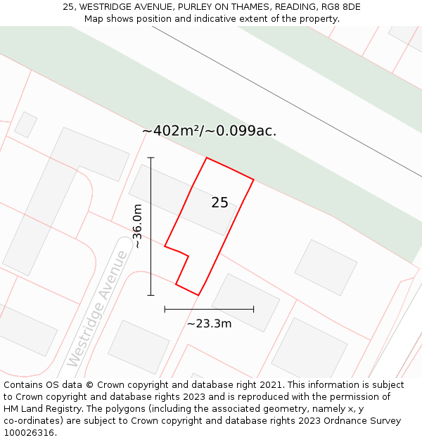 25, WESTRIDGE AVENUE, PURLEY ON THAMES, READING, RG8 8DE: Plot and title map