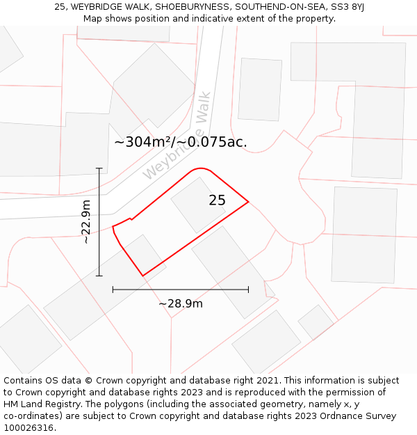 25, WEYBRIDGE WALK, SHOEBURYNESS, SOUTHEND-ON-SEA, SS3 8YJ: Plot and title map